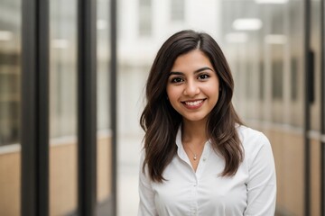 Fototapeta premium A young Hispanic businesswoman standing outside the office building with copy space.