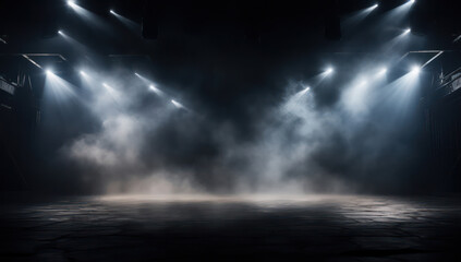Spotlight's Dance: A mesmerizing abstract light display in an empty night club, with a dark blue backdrop, illuminated stage, and bright beams of light cutting through the smoke-filled room. - obrazy, fototapety, plakaty