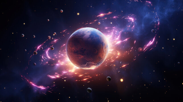 Stunning space scene featuring planets amidst a colorful nebula, with a dynamic cosmic event unfolding.