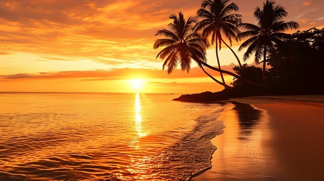 Sunset on a tropical beach with palm trees