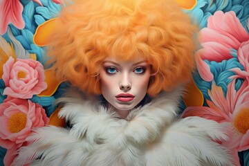 Woman with exotic fur feather coat colorful bird. Fashion portrait of a girl with feathers and flowers. Expressive look. Happy Women's day. 8 March . Exotic concept