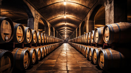 Rows of wine barrels in wine-vaults in order. Cellar with French barrique wine casks. Generative AI