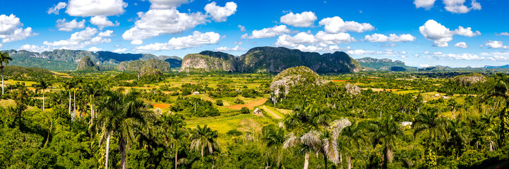 Enchanting panorama of Valle de Viñales valley with palm trees, tobacco fields and limestone...