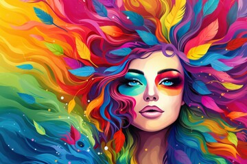 Naklejka premium Happy Women's day portrait like a colorful bird, super bright hair feathers texture, fashion 1980s. Portrait of a girl with feathers. Expressive look. International 8 March illustration