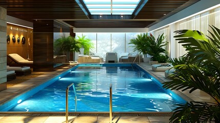 Spa with swimming pool, sofas and plants