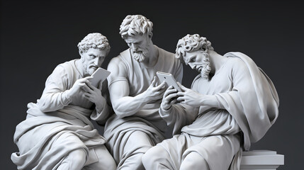 Naklejka premium Ancient Greek gods in sculptures holding smartphones