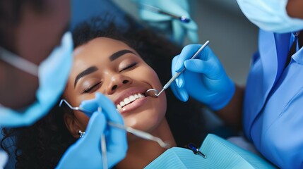 selective focus of young african american woman lying on dental chair in clinic, Woman in cabinet with eyes closed during procedure made by dentist and assistant - obrazy, fototapety, plakaty