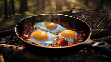 Camping breakfast along with bacon and eggs in a cast iron skillet. Fried eggs with bacon in a pan in the forest. Food at the camp