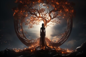 Mystical woman standing under a majestic tree with glowing branches forming a circle around the sun against a dark sunset sky. Concept: fantasy tree of life, esoteric, game character
