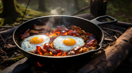 Camping breakfast cooked with bacon and eggs in a cast iron skillet