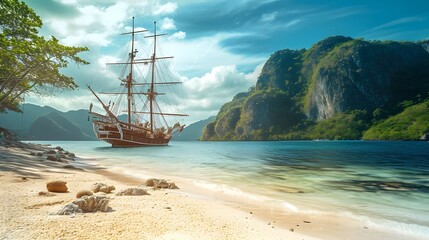 Sailing ship on a tropical beach, Palawan island, Philippines, Wooden tall ship sailing in a Caribbean island bay - obrazy, fototapety, plakaty