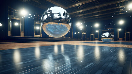 An empty dance floor bathed in soft light with a large reflective disco ball creating a nostalgic party atmosphere. - obrazy, fototapety, plakaty
