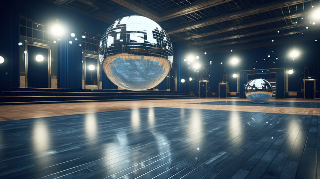 An empty dance floor bathed in soft light with a large reflective disco ball creating a nostalgic party atmosphere.