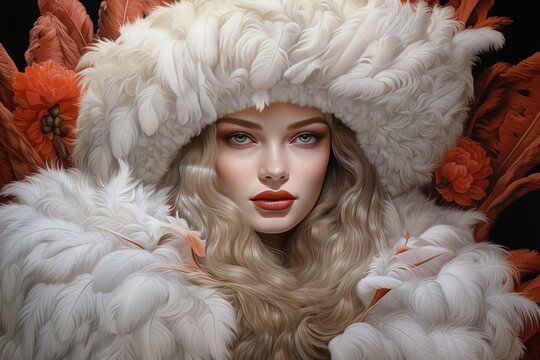 Beautiful woman wearing luxury fur coat. Winter hipster fashion model.