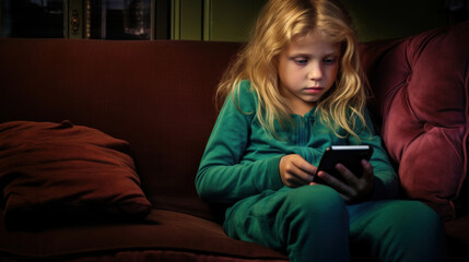 Obraz premium A young blonde child sitting on a couch, deeply focused on a smartphone screen, illuminated by its light in a dark room.