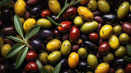 Various types of olives background. View from above. Mediterranean cuisine. Generative AI - obrazy, fototapety, plakaty