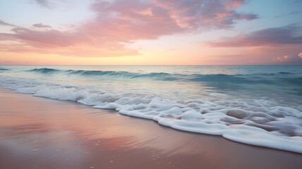 Fototapeta na wymiar A tranquil beach at dawn with gentle waves and a pastel-colored sky