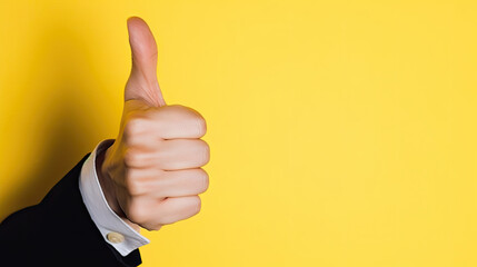 A close-up of a person in a suit giving a thumbs up. Perfect for business and success concepts, corporate presentations, positive feedback, and professional achievements imagery.