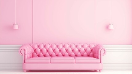 Interior of a living room with a pink quilted leather sofa in front of a pink wall.