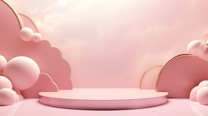 Fototapeta premium A pink podium with pink balloons on a pink wall background.