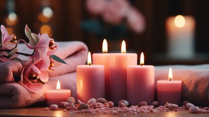 A group of pink burning candles with towels and flower buds. Concept: spa therapy and relaxation. Aromatherapy