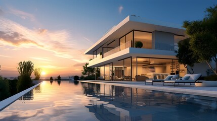 Modern luxury villa with swimming pool at sunset.