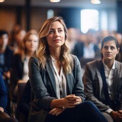 In a conference hall, a businesswoman engages in a seminar. Colleagues and audience listen attentively to the workshop presentation. ai generative