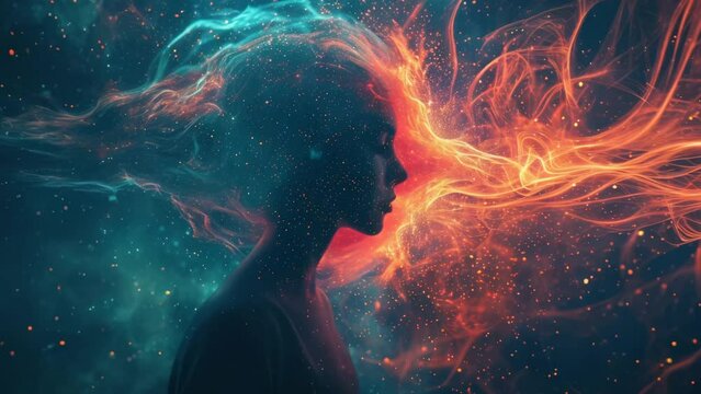 Inner world of people concept. Girl blue red aura. Opposition of the mind. Good and evil confrontation inside one person. Beautiful human mind. Mental health. Universe in person. Meditation therapy.