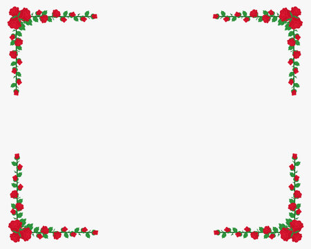 red rose and leaves frame decoration on white background 