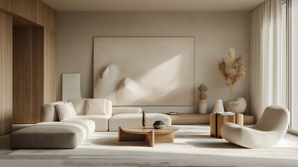 Modernes helles Wohnzimmer mit beigen Möbeln - obrazy, fototapety, plakaty