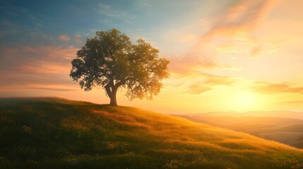 Lone Tree in the Sunset Glow, Solitary Beautiful Tree, Nature's Tranquil Evening, Lone Tree Landscape, Sunset Beauty, Peaceful Scenery, Golden Hour