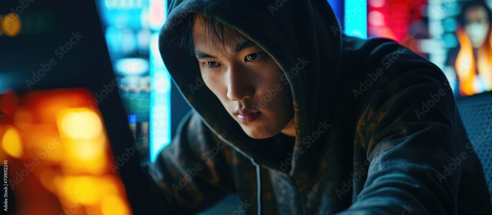 Aufkleber asian hacker in hoodie stealing data with focused coding and illegal software.