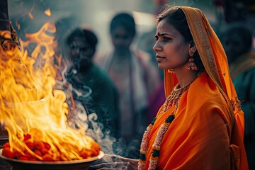 Obraz premium A woman in a fiery orange saree at a traditional festival, her attire matching the festive spirit 