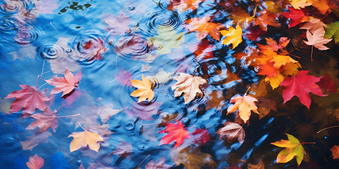 Colorful fall autumn leaves floating in pond lake water