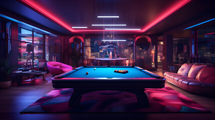 Gaming room with neon light and billiards table - obrazy, fototapety, plakaty