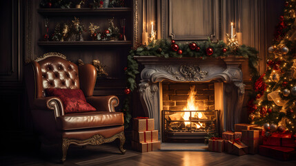 Living room home interior along with decorated fireplace and christmas tree, vintage style