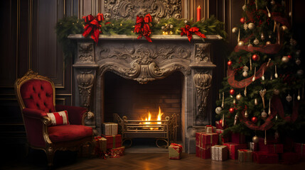 Living room interior with fireplace as well as christmas tree