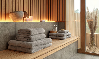 Clean towels on table in Spa setting, Hotel and resort concept, Space for text