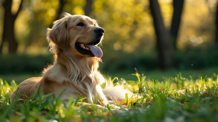 Golden Retriever playing in a park and enjoying the sun
