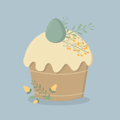 Easter cake with decorated eggs and flowers. Colorful flat vector illustration.