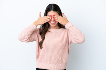 Young Italian woman isolated on white background covering eyes by hands and smiling