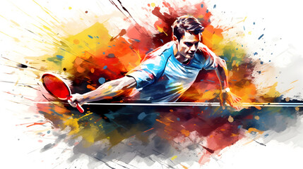 Watercolor abstract illustration of player with Table Tennis Ping Pong. The athlete in action during colorful paint splash - obrazy, fototapety, plakaty