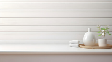 Fototapeta na wymiar White bathroom interior with wooden table top for product display