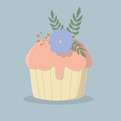 Easter cake with decorated eggs and flowers. Colorful flat vector illustration.