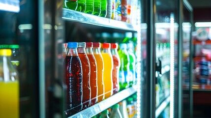 Fresh drinks in the supermarket fridge
