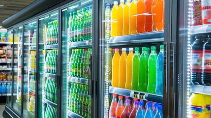 Fresh drinks in the supermarket fridge - obrazy, fototapety, plakaty
