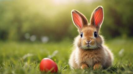 Fototapeta premium Cute fuffy Easter bunny with red Easter egg on the meadow