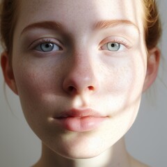 A woman's face with freckles and natural makeup, emphasizing the beauty of deep blue eyes and perfect skin. Concept: healthy clean skin, beautiful even body color.