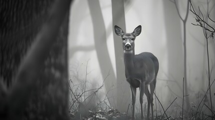 foggy black and white portrait of a deer in the woods