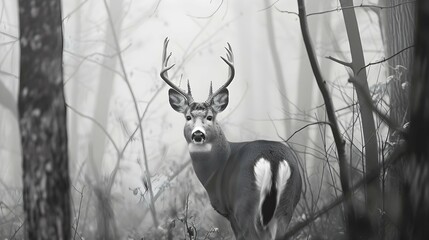 foggy black and white portrait of a deer in the woods